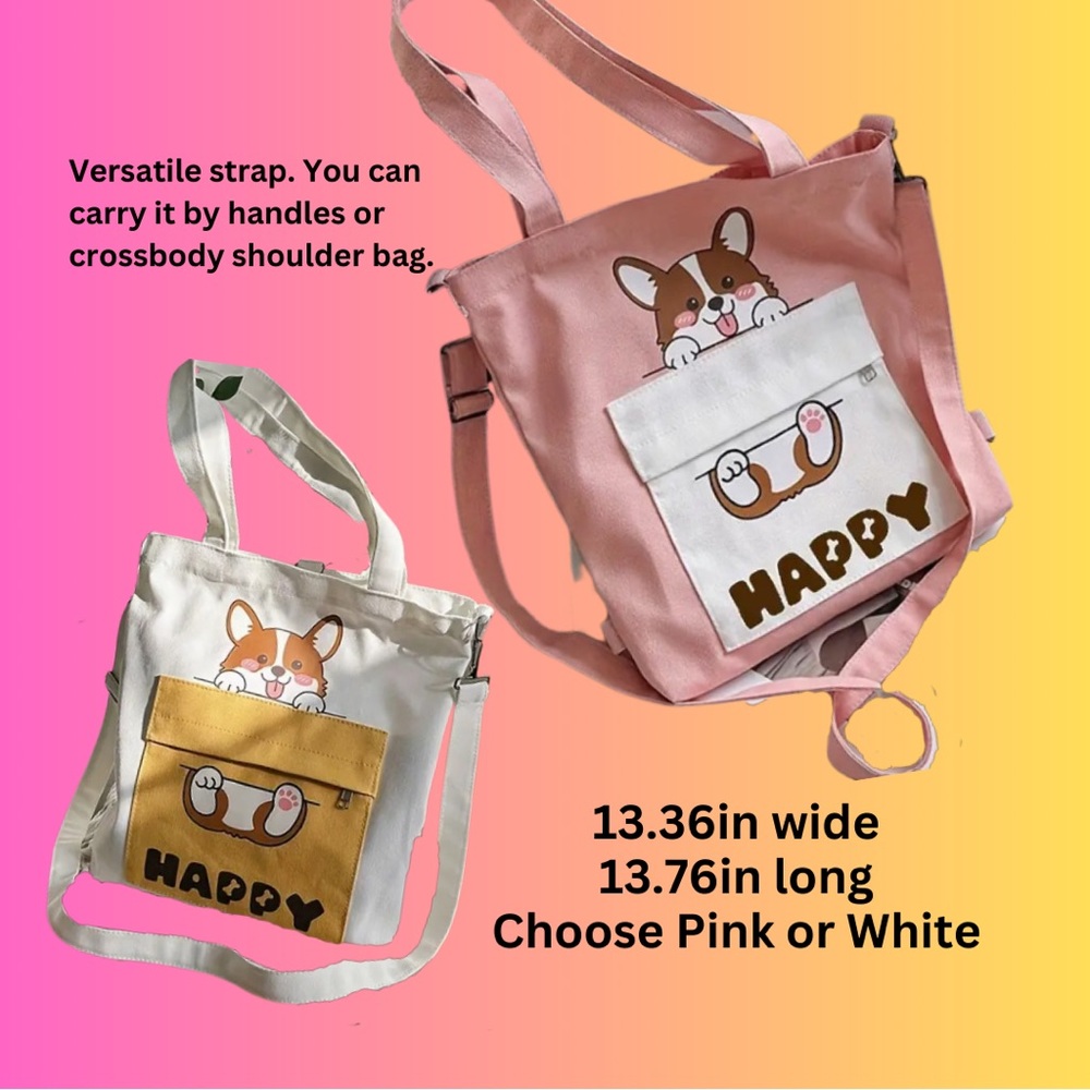 White Corgi “Happy” Canvas Tote! Has zippered closure and and zippered pocket.